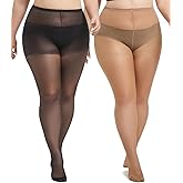MERYLURE Plus Size Tights for Women, 20D Ultra Thin High Waist Pantyhose with Reinforced Toes Sheer Stockings 2 Pairs