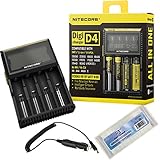 NiteCore NiteCore-D4+CAR-Adapter Bundle Nitecore D4 Charger with Integrated LCD Panel Clearly Displays for Li-Ion Ni-MH Ni-Cd Batteries with Bonus Car Adapter