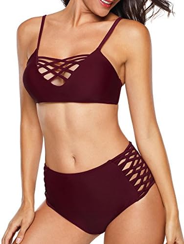 CoolEnding Cut Out Vintage Pin up 2 Piece High Waisted Criss Cross Cute Bikini Swimsuit for Women Wine Red,XL
