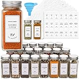 24 Pcs Glass Spice Jars with White Printed Spice Labels - 4oz Empty Square Spice Bottles - Shaker Lids and Airtight Metal Cap