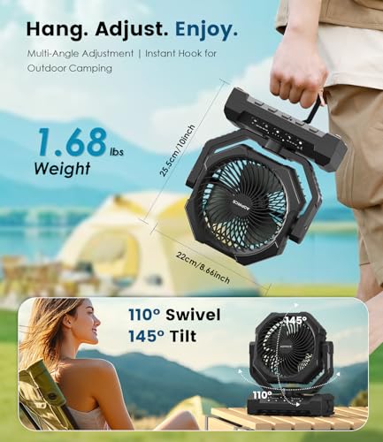 Camping Fan Rechargeable, 60H Long-Lasting Battery Powered Fan - 4 Speeds, 3 Light, Timer, Sleep Mode, Hook, Portable Fans for Camping Gear, Travel Essentials, Tent, RV, Outdoor, Garage, Emergency