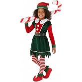 Morph Elf Costume for Girls, Girls Christmas Costume | Green, Red Velour Dress, Striped Tights, Elf Foot Covers Included, Perfect for Christmas, Fun for Dressing Up