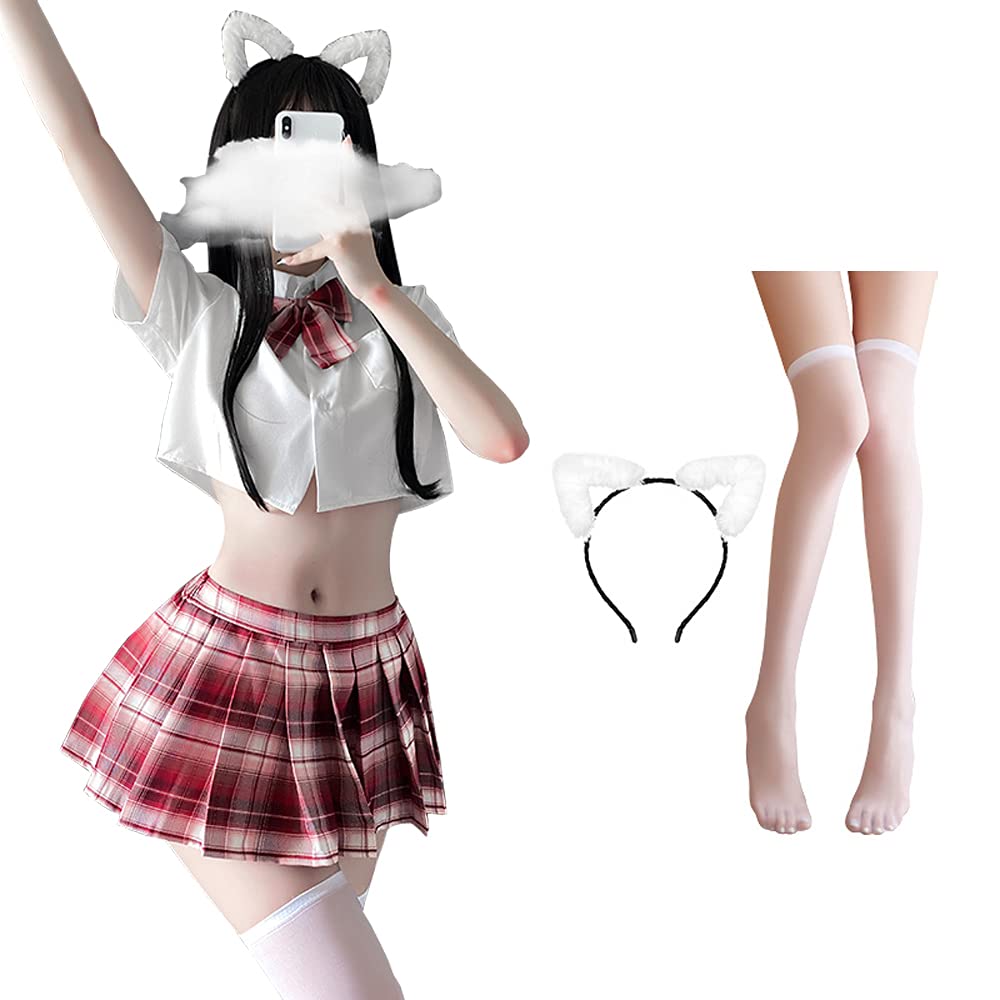 SINMIUANIME Schoolgirl Lingerie Set Sailor Uniform Dress Cosplay JK Student Wear Pleated Skirt With Socks (6914Red White)