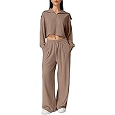 QINSEN Women Cozy 2 Piece Lounge Matching Set Wide Leg Sweatpants Half Zip Crop Sweatshirt Outfits