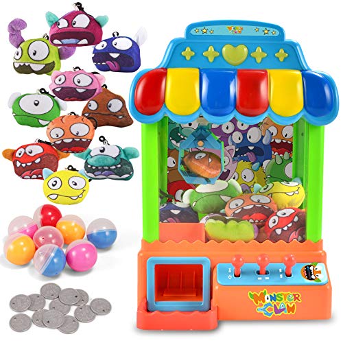 JOYIN Mini Claw Machine Toy Candy Grabber & Prize Dispenser Vending Machine Toy Grabber Arcade Game with 10 Plush Characters and 8 Capsules