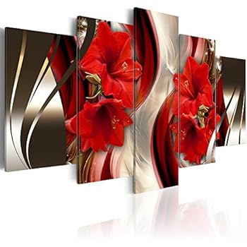 Everlands Art Canvas Wall Art Red Flower Print Painting Modern Contemporary Picture Home Decor Crimson Floral HD Giclee Artwork 5 Panels Stretched on Wooden Frame (40