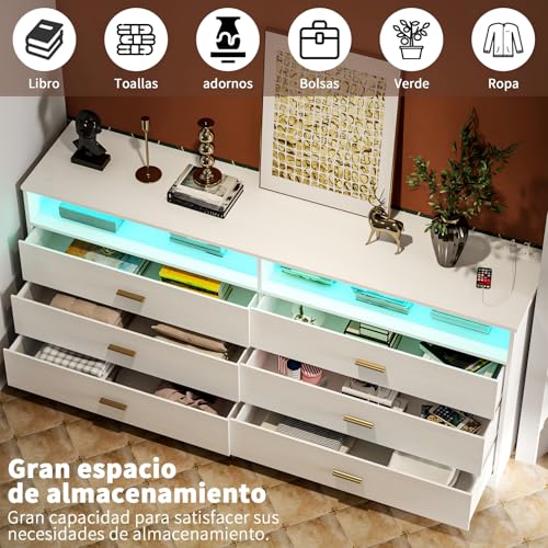 Simple Wisdom Cajonera para Recamara,Comoda Cajonera para Recamara con Toma de Corriente y Luz Led,Cajoneras de Madera,con 6 Cajones de Madera de Almacenaje y 2 Estantes Abiertos,Cajoneras.(Blanco)