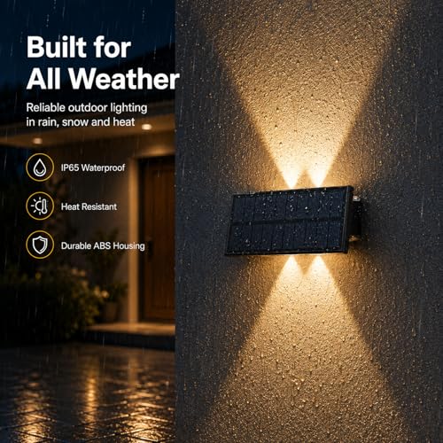 Bigzom Solar Outdoor Up and Down, Solar Lamps for Outdoor Wall 4 LEDs, Warm/Neutral/Cold Light, IP65 Waterproof Solar Lamp for Garden Balcony Terrace Stairs – Pack of 2