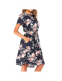 Urban Focus Vestidos de verano para mujer Niña Vestidos de verano casuales Vestido floral Bolsillo Vestido a media pierna de manga corta con cinturón
