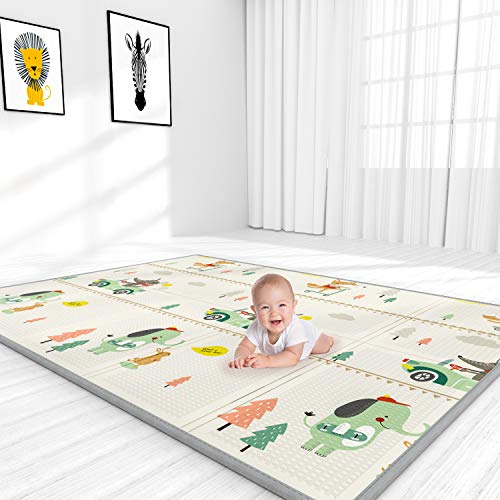 YOOVEE Foldable Baby Play Mat for Crawling, Extra Large Play Mat for Baby, Waterproof Non Toxic Anti-Slip Reversible Foam Playmat for Baby Toddlers Kids (Fox & Bear)