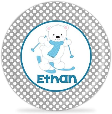 Polar Bear Plate - Blue Ski Bear Melamine Personalized Plate