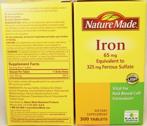 Nature Made Iron 65mg, Equivalent to 325 Mg Ferrous Sulfate - 300 Tablets -2 Pack, Total 600 Tablets.