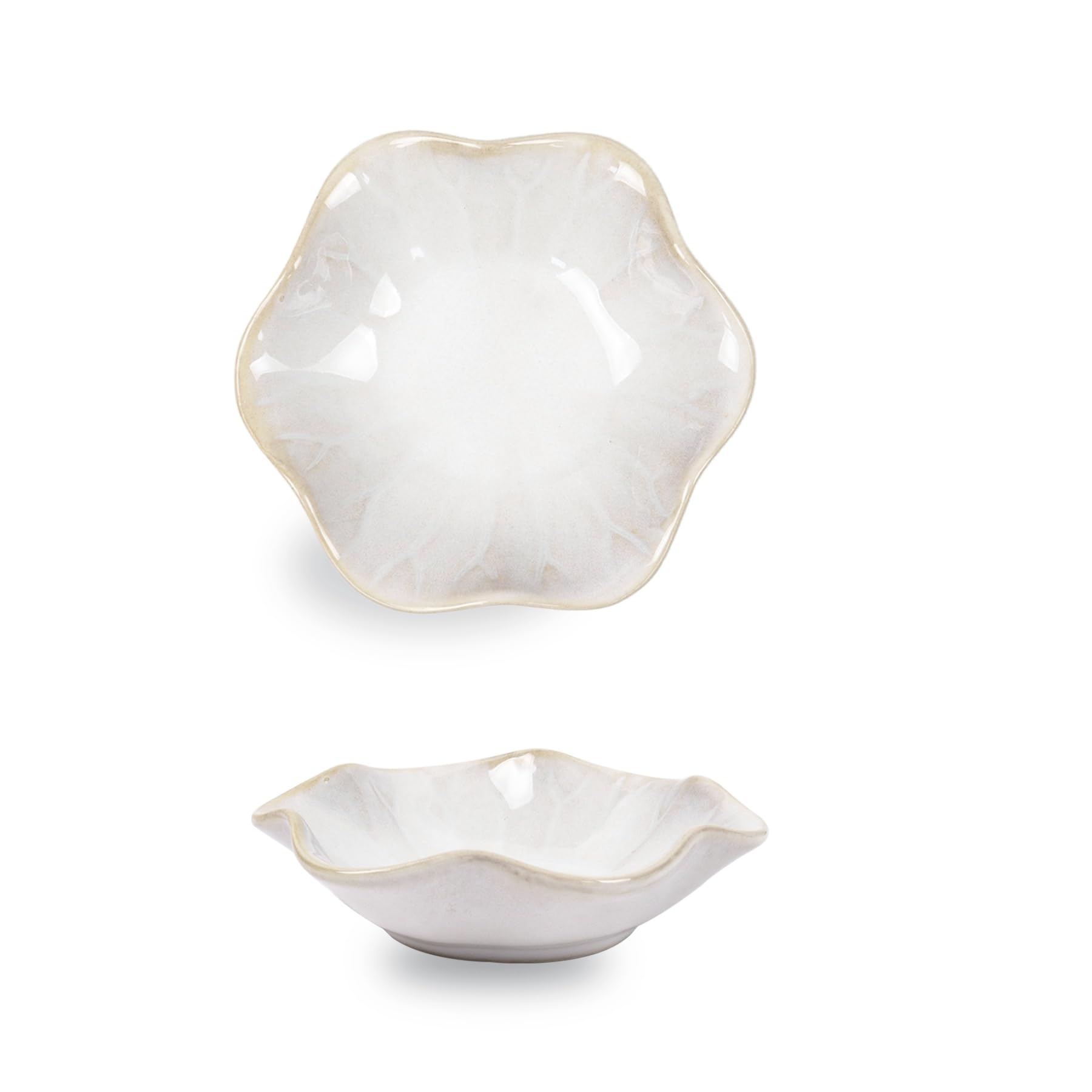Dmnnlp Tea Bag Dish, Ceramic Spoon Rest 4.3 Inch, Flower Shape Small Bowls for Dips, Spoon Holder Kitchen, Condiment Dish, Snack Bowls, Sushi Soy Dish 2pcs (White)