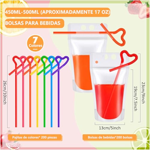 YUTVXAC 200 Piezas bolsas para bebidas con popote,Bolsas de Zumo Transparentes Reutilizables,con 200 pajitas y Embudo,Adecuado para almacenar jugos,batidos,bebidas calientes y bebidas frías.