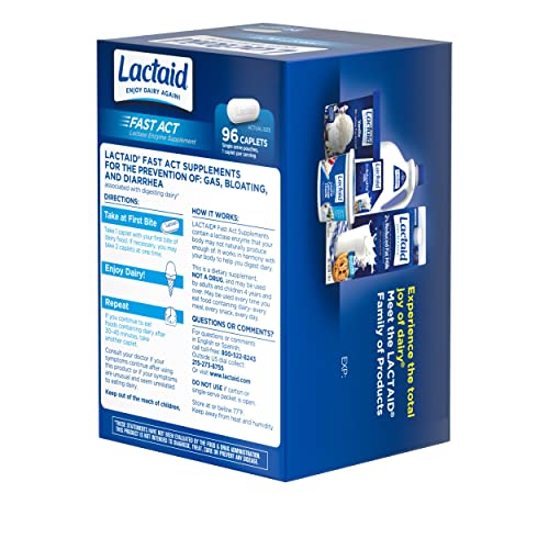 LACTAID FAST ACT LACTOSE INTOLERANCE CAPLETS WITH LACTASE ENZYME, DAIRY RELIEF FROM GAS, BLOATING & DIARRHEA, 9000 FCC LACTOSE INTOLERANCE PILLS, 96 INDIVIDUAL TRAVEL ON-THE-GO PACKS (96 X 1 CT)