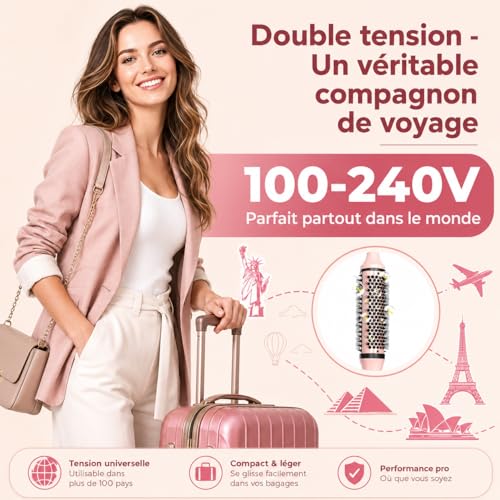 Brosse Soufflante Ronde 38mm 3 en 1, Volume & Boucles Naturelles, Technologie Ionique Anti-Frisottis, Double Tension Voyage, Effet Brushing Salon, Idée Cadeau Femme C257 23