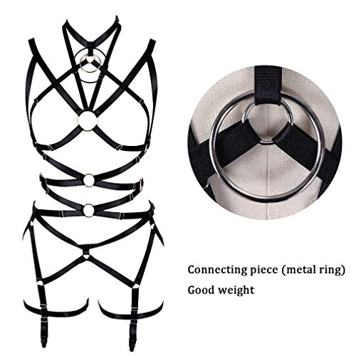 Women's Punk Cut Out Harness Body Full Strappy Lingerie Waist Garter Belts Set Elasticity Bralette Goth EDC Halloween Club Party Dance Rave Wear (Black) - Thumbnail 3
