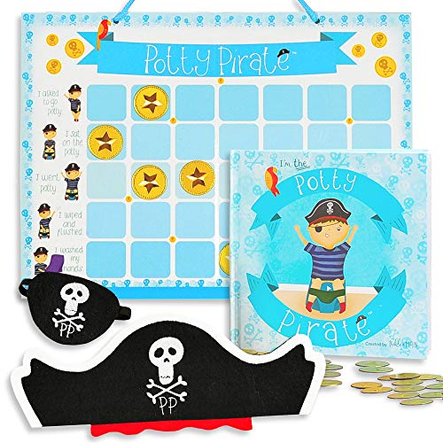 Pirate Potty Training Set with Book, Potty Chart, Reward Magnets, Pirate Hat and Patch for Toddler Boys - Comes in Pirate Ship Box.