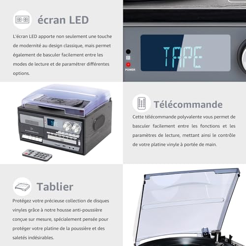 Vintage 9-in-1 Turntable with Bluetooth, 3 Speed Turntable, CD & Cassette Player, AM/FM Radio, USB/SD Encoding, AUX In & RCA Out
