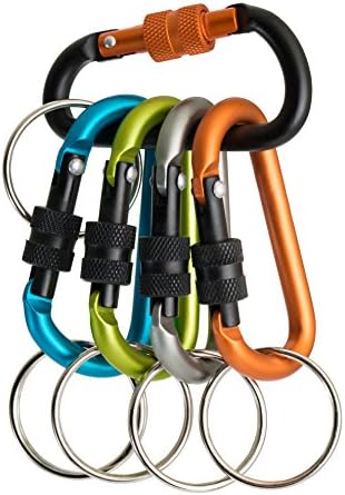 Compact Aluminum SecureLock Cooltec Carabiner with Key Ring - Exclusive CoolTec Matte Finish - for Outdoors, Camping, Biking, Hiking, Traveling, Biking, Purse, Backpack. (5 PACK Assorted Colors)