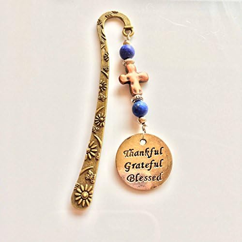 Women's Beaded Bookmark BLUE with THANKFUL GRATEFUL &amp; BLESSED Charm