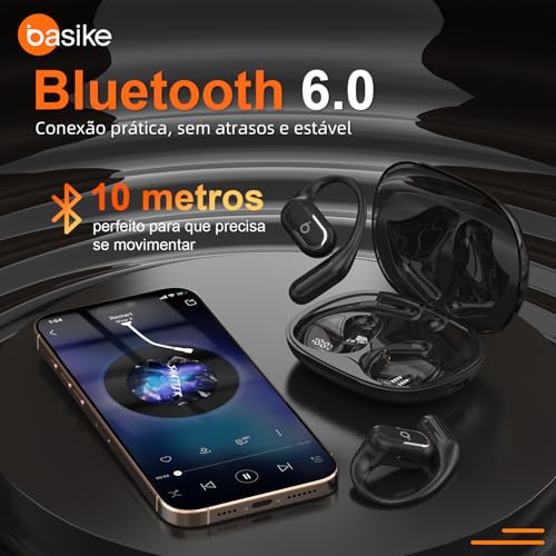 Fone De Ouvido Bluetooth Esportes, Basike T7, IPX6/OWS, Tela LED Dupla, Fone de Ouvido Estéreo Hi-Fi, Suporta Chamadas de Voz, 60 Horas em Standby Para Corrida e Exercícios ao Ar Livre (PRO Preto)
