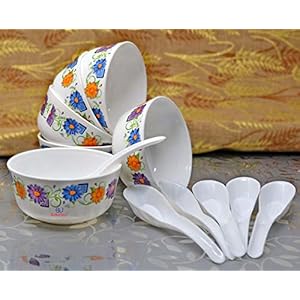 Sarthak Uphaar Plastic Microwave Safe Soup Bowl Set of 12 Pieces (6 Bowl, 6 Spoon) (12, White Golden border)