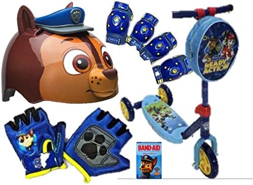 Paw Patrol Three Wheel Kick Scooter, 9 pc Bundle,Toddler Helmet, & Knee and Elbow Pads, Gloves and Matching BandAids for Summer Fun for 3-5 yrs old+ for Boys or Girls