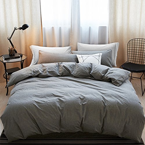 MooMee Duvet Cover Set Washed Cotton Soft Fluffy Linen Like Texture Natural Wrinkle Light Grey King