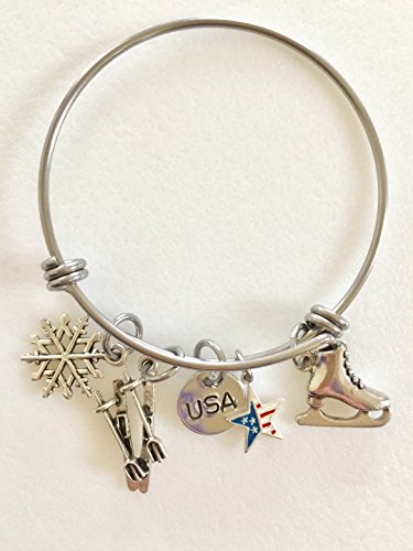 Winter Olympics Bangle, Olympics Charm Bracelet, Winter Sports, Olympic Games, Skiing, Ice Skating, USA Custom Stamp, Adjustable Bangle Bracelet. - Thumbnail 4