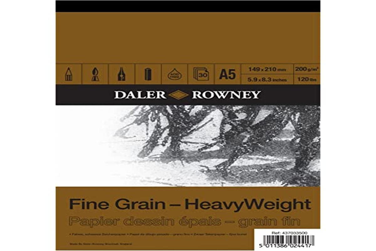 Daler-Rowney Fine Grain Lightly Textured Heavyweight 200gsm A5 Drawing Paper Pad, Glued 1 Side, Acid-free, 30 White Sheets, For Professional Artists & Students