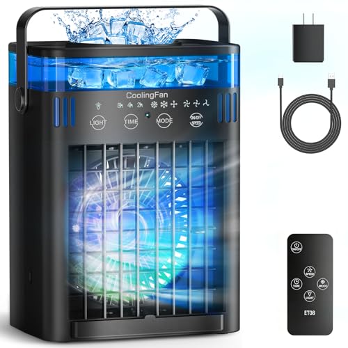 Portable Air Conditioners, Mini Air Conditioner Portable AC Unit with Remote Control, 3 Wind Speed & 3 Mist Level & 2-8H Timer & 7 LED Light Evaporative Air Cooler for Home Office Room, Black