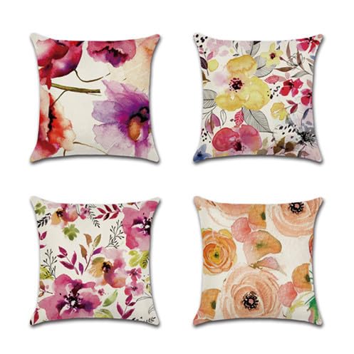 BAOKU Set of 4 Cushion Covers18x18 Inches Peonies Summer Watercolor Floral Pink Purple Flower Colorful Decorative Pillow Cases Home Decor Square 18x18 Inches Pillowcases