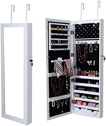 Jewelry Cabinet With Mirror LED Lights - Hanging Wall Mount Armoire Bundle w Container Organizer