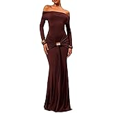 Lingt Chic Women's Grace Maxi Dress Off Shoulder Long Sleeve Bodycon Elegant Solid Formal Gown for Wedding Guest