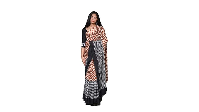 Orange Black Cotton Hand Block Printed Saree