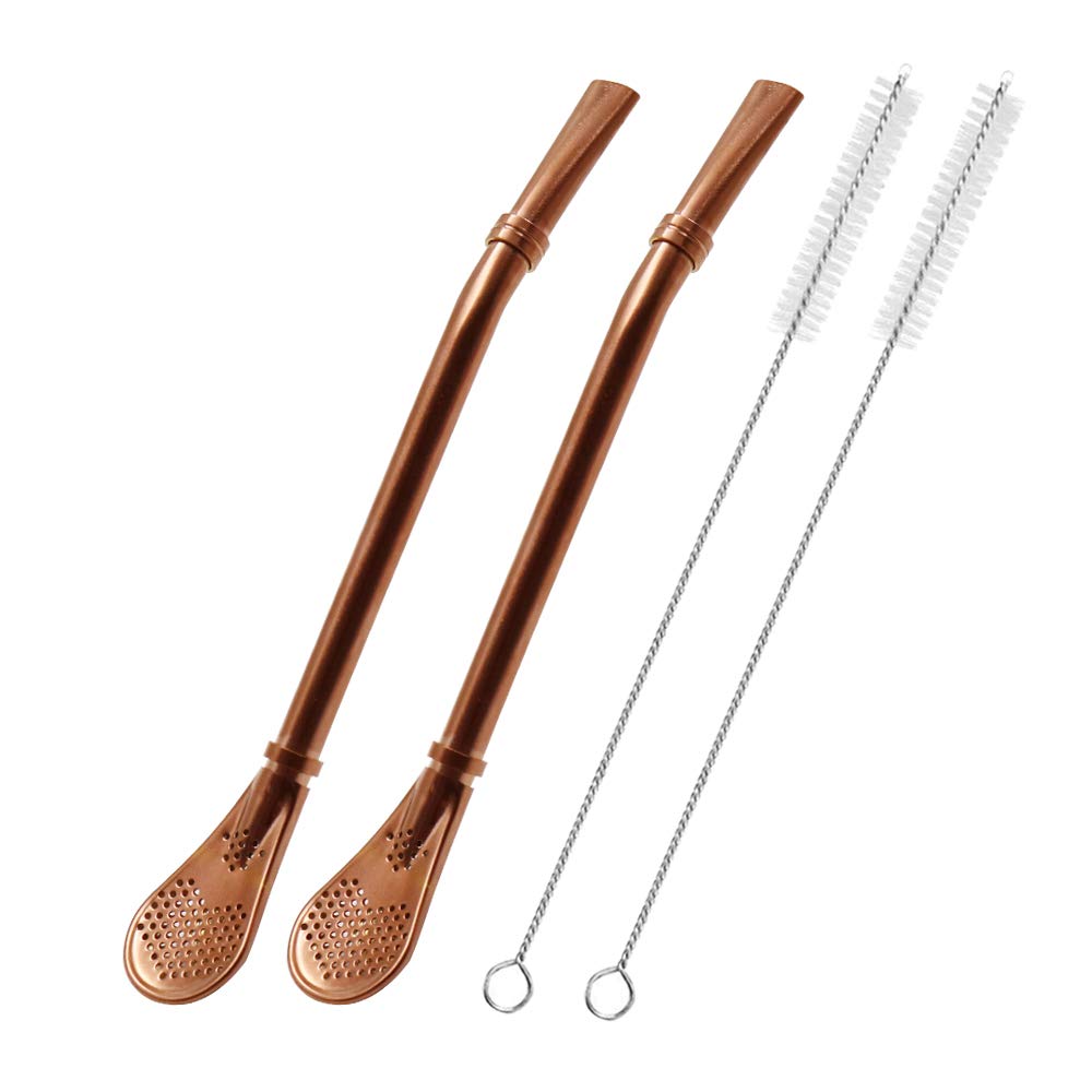 Stainless Steel Drinking Straws with Filter Spoon, 2 Pack Tea Straws, Mate Bombilla, Coffee Stirrer Stick for Iced Tea, Cocktail, with 2 Cleaning Brush (Rose Gold)