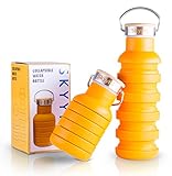 Collapsible Sports Travel Water Bottle - 18oz Leak Proof Eco-Friendly BPA Free Silicone Folding Reusable Portable Drinking Bottles w/ Lid Cap & Handle. Lightweight for Traveler Walking Camping Hiking