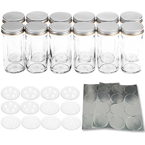 12 Premium Round Glass Spice Bottles, Premium Jars with Silver Metal Lids, Shaker Tops, and Blank Labels by SpiceLuxe