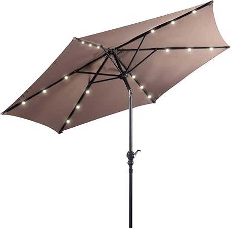 Amazon Com Giantex 9ft Market Patio Umbrella W Solar Lights Outdoor Table Umbrella W Push Button Tilt And Crank 180g Polyester And Sturdy Ribs Sun Umbrellas For Market Garden Beach Pool Tan Kitchen Dining