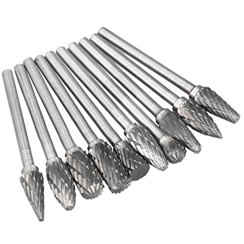VCCA 10PCS Tungsten Carbide Double Cut Rotary Burr Set with 1/8 Inch Shank 1/4 Inch Head for Die Grinder Drill, Metal Carving, Engraving