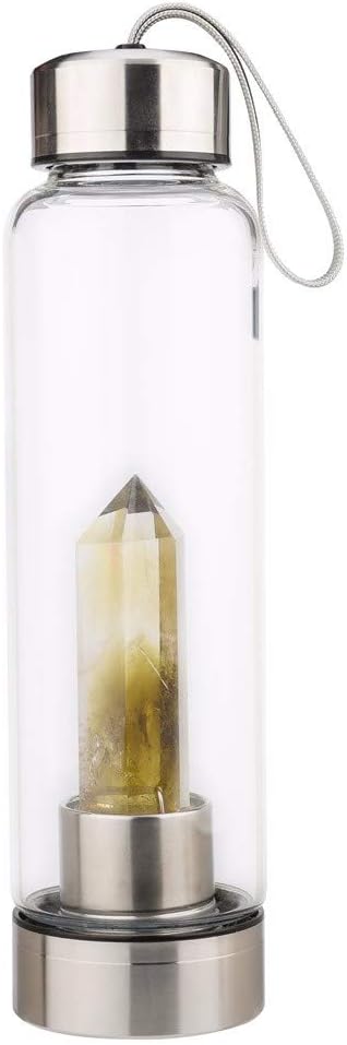 ToDIDAF Crystal Glass Water Bottle With Bag, Natural Crystal Point Healing Obelisk Wand Elixir Quartz Crystal Point Energy Water Bottle Tools Best Gifts, 500g (Citrine )
