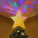 YUNLIGHTS Christmas Tree Topper Lighted Star Tree Topper with Wave Projector Lights, Christmas Decorations, Gold
