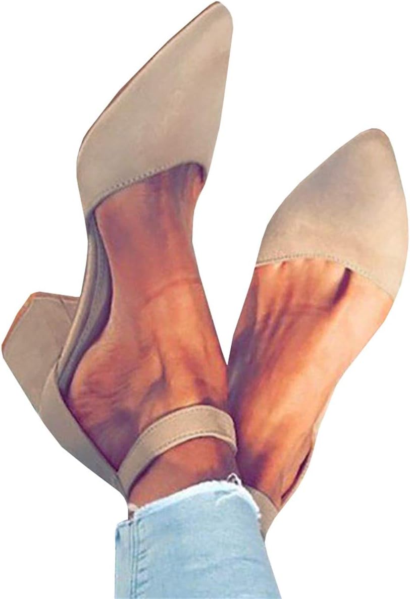 Chellysun Womens Pointed Toe Ankle Strap Buckle Low Chunky Heel Pumps Shoes Sandals