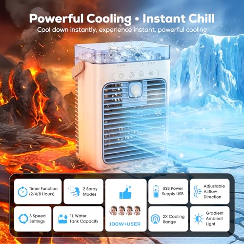 Portable Air Conditioner, Personal Evaporative Cooler, Mini Air Conditioner, 3 Speed, Cooling Fan for Car, Desk, Camping, Bedroom, Office