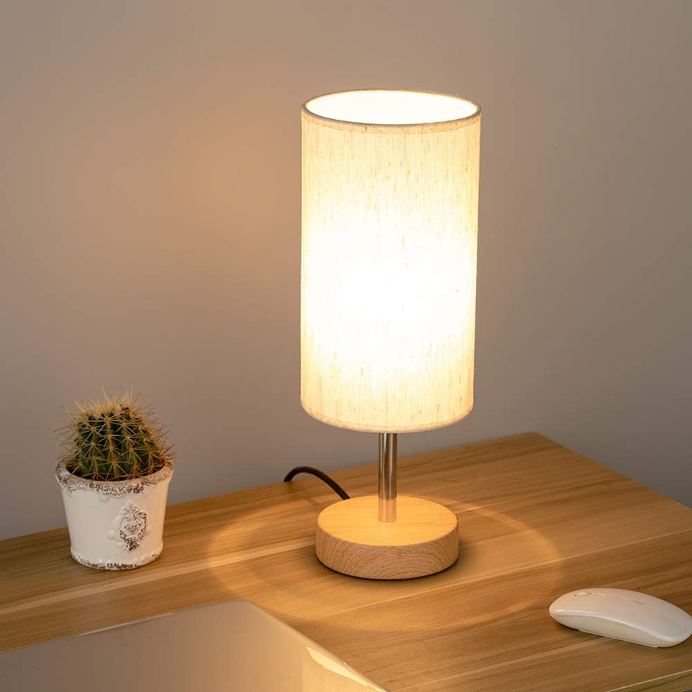 Bedside Lamp with USB port - Touch Control Table Lamp for Bedroom Wood 3 Way Dimmable Nightstand Lamp with Round Flaxen Fabric Shade for Living Room, Kids Room, College Dorm, Office(LED Bulb Included) - - 