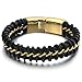 COOLSTEELANDBEYOND Large 8.4 Inches Mens Black Braided Leather Bracelet Interwoven with Gold Curb Chain in Steel
