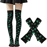 FY3E8B St. Patrick's Day Stockings Shamrock Thigh High Socks & Gloves Set Irish Green Stripes Knee Long Sock Parade Costume