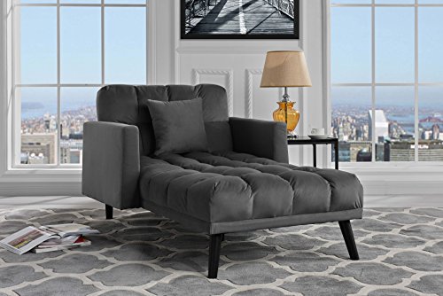 Sofamania Modern Velvet Fabric Recliner Sleeper Chaise Lounge - Futon Sleeper Single Seater with Nailhead Trim (Dark Grey)