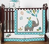 Turquoise Blue Gray and White Mod Elephant Girl or Boy Baby Bedding 4 Piece Crib Set Without Bumper